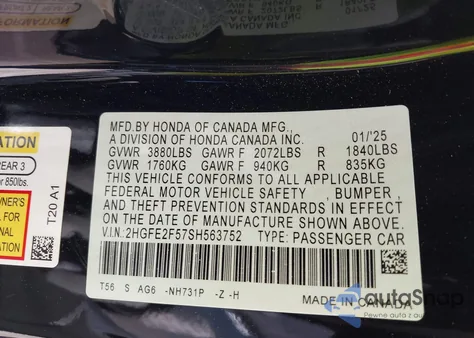 2025 Honda Civic Sport from USA, damaged, VIN 2HGFE2F57SH563752